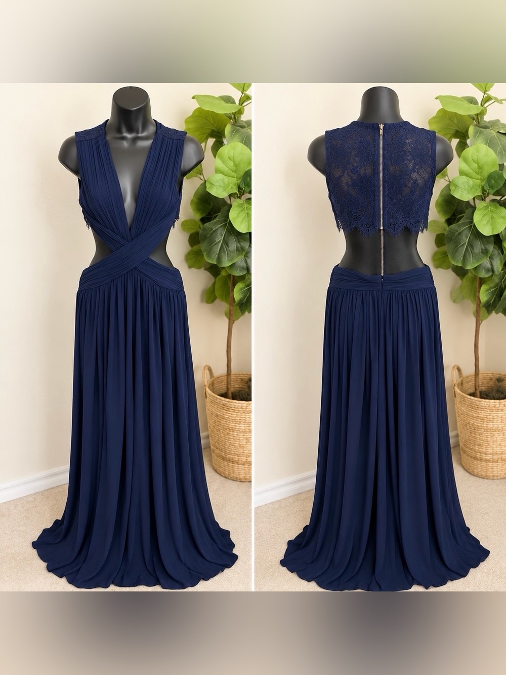VICI Navy Blue Cutout Lace Maxi Dress Women’s Medium Formal Evening Gown